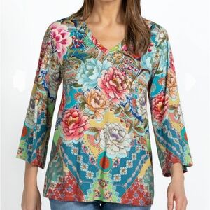 Johnny Was Prisma Kimono Sleeve Floral Boho Tunic Women Medium Bamboo Blend